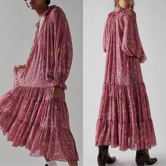 Free People Pink Floral Feeling Groovy Border Print Long Sleeve Maxi Dress - Picture 1 of 8